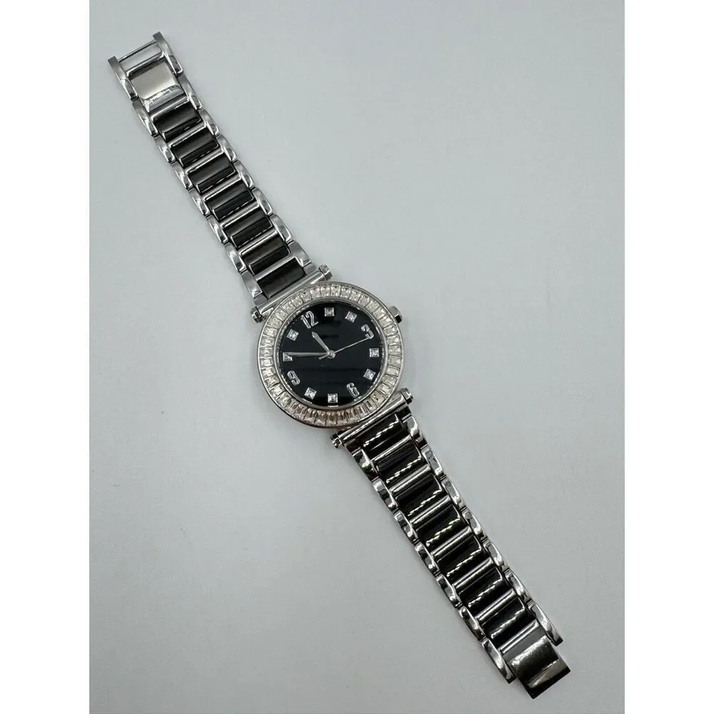 Diamonique Baguette CZ Bezel Black Stainless‎ Steel Statement Watch NEW BATTERY